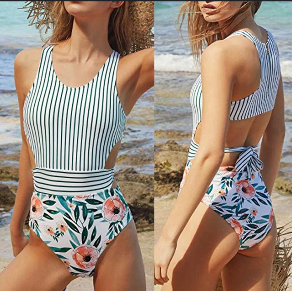 Cupshe Miss You Poppy One Piece Swimsuit Floral Stripe Size Large
